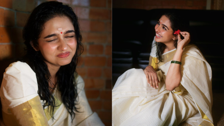 Stunning white and golden saree by mamitha baiju for onam celebrations